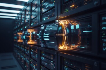 Gigantic Server Room with Futuristic Glowing Data Transfer Rings