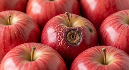 Close-up of a group of apples with one prominently bruised and rotten, symbolizing the concept of a “bad apple” among otherwise perfect fruit