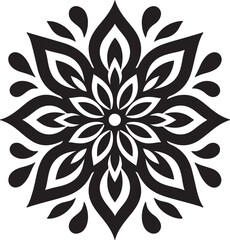Fototapeta premium Intricate black and white floral mandala design with petal shapes and droplet accents isolated on transparent background