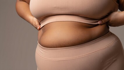 Body positivity and self acceptance concept with focus on plus size female figure in comfortable nude activewear