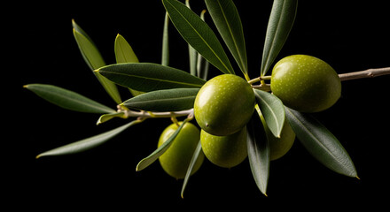 Photo of a closeup view of a green olive branch with several ripe olives and lush leaves against a dramatic dark background