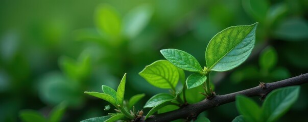 Fototapeta premium Close-up of a single sage leaf on a vibrant green stem amidst a cluttered arrangement of leaves and twigs, leafy, leaf