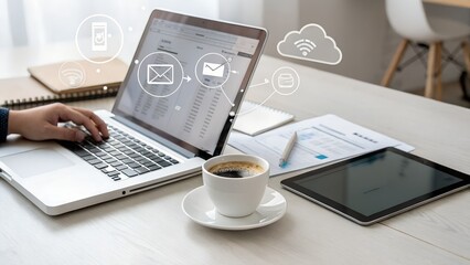 Office desk scene with laptop, tablet, coffee cup, and floating digital icons representing invoice processing and task management