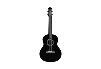 Naklejka premium Classic acoustic guitar shown with black silhouette and six strings centered on white background