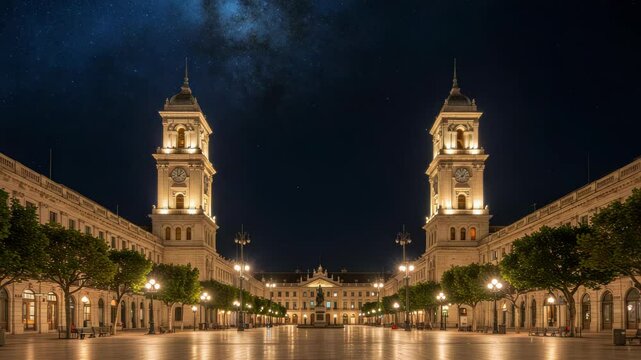 Nightscape of Plaza del Pilar: Illuminated Architecture under a Starry Sky creating a magical