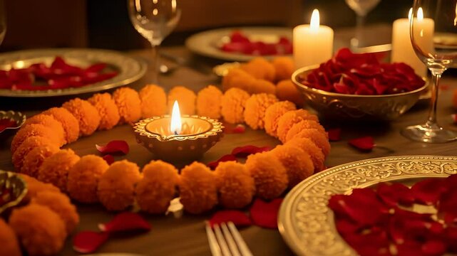 Realistic Diwali wallpaper with decorated table and diya