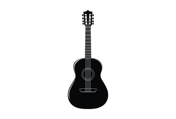Silhouette of an acoustic guitar with visible strings and tuning pegs against a white background
