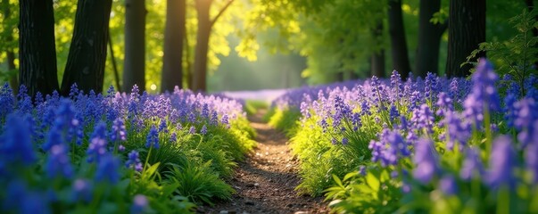 Naklejka premium Sun-dappled path lined with vibrant bluebells , blue, trees