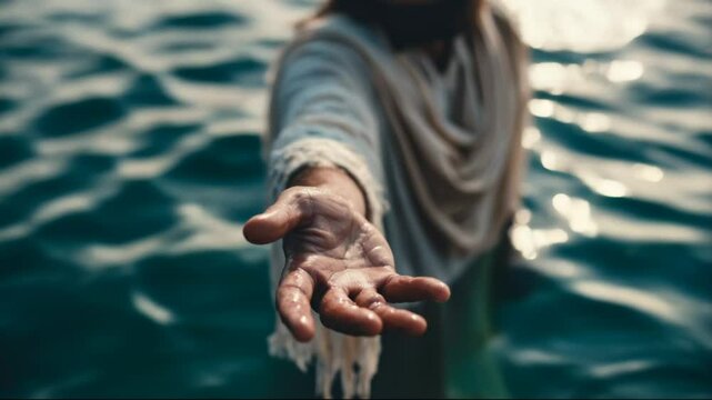 Jesus reaches out with an open hand while standing in shallow water during a serene moment