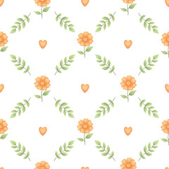 Seamless Floral Pattern with Orange Flowers, Green Leaves and Hearts – Cute Design for Packaging, Scrapbooking, Stationery, Textile, Spring or Summer Decoration