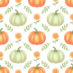 Seamless Pattern with Beige and Orange Pumpkins, Green Leaves and Flowers – Ideal for Harvest Festival, Thanksgiving Wrapping, Fall Textile, Home Decor, Scrapbooking