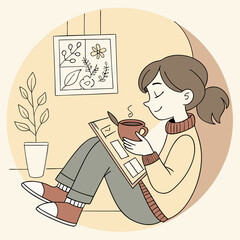 Illustration of a girl relaxing with a cup of coffee and a magazine near a potted plant and artwork