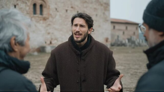 Caucasian man in medieval coat discussing with two older men outside stone building. Historical reenactment or film scene. Dramatic period costume drama concept.