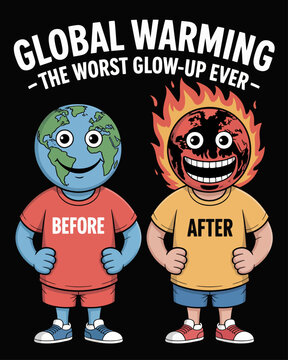 &ldquo;Before&rdquo; smiling Earth vs &ldquo;After&rdquo; burning wreck in diet ad style. Caption: &ldquo;Global Warming &ndash; The Worst Glow-Up Ever&rdquo; in parody font on black background.
