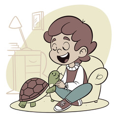 Smiling boy sitting in a chair holding a small turtle with a larger turtle beside him in a room setting