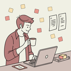 Man working on laptop with coffee cup and sticky notes on wall in a modern and minimalist style art