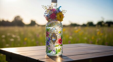 Decorated Glass Bottle With Colorful Flowers in a Meadow at Sunset
