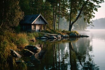 Obraz premium Wooden cabin reflecting in a misty lake at sunrise in finland