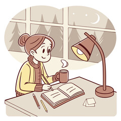 A girl writing in a book at a desk with a lamp and a mug in front of a window at night outside view