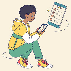 Person sitting cross legged using a smartphone with a checklist floating nearby on a tablet device