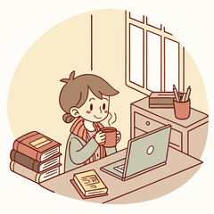 Cartoon girl with coffee working on a laptop at a desk with books and a window in the background indoors