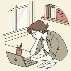 Illustration of a person working on a laptop near a window with books on a shelf in the background