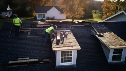An aerial view displays roofers working on the roof of a home, carefully laying new roofing shingles, showcasing home improvement and skilled labor.