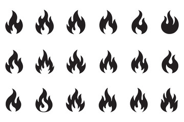 Fire flame silhouette vector icon set, collection of hot burning bonfire symbols