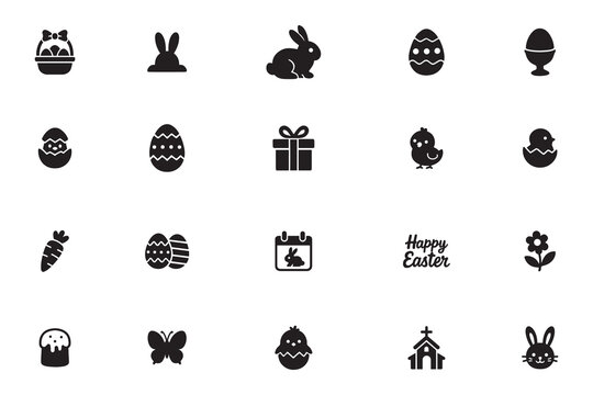 Easter holiday silhouette vector icon set, collection of spring celebration symbols