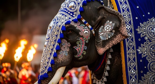 Royal Blue Elephant Close-Up in Kandy Dalada Perahera Parade