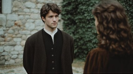 Young man in vintage outfit facing woman outdoors. Period drama scene with stone building background. Historical costume romance for film or TV series concept.