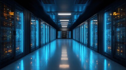 Dark corridor with glowing server racks