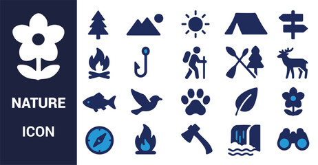 Nature icons featuring flora fauna and outdoor activities flower tree