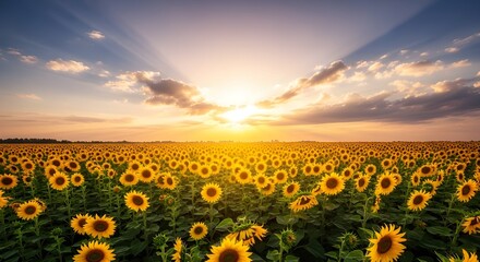 Fototapeta premium Sunset over a Vibrant Sunflower Field
