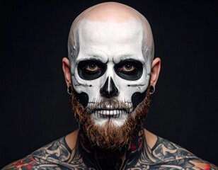 Un uomo con il viso dipinto di bianco che riproduce un teschio