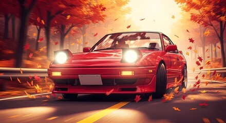 Retro Anime Style: Red Sports Car Racing Through an Autumn Road Blanketed in Falling Leaves
