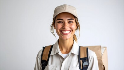 Cheerful mail carrier smiles widely