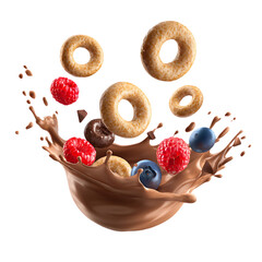 Dynamic Splash of Chocolate Milk with Cereal Rings, Fresh Berries, and Hazelnuts for Breakfast