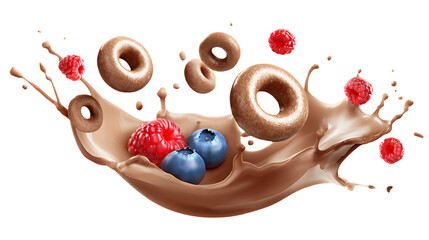 Dynamic Splash of Chocolate Milk with Cereal Rings, Raspberries and Blueberries in Motion