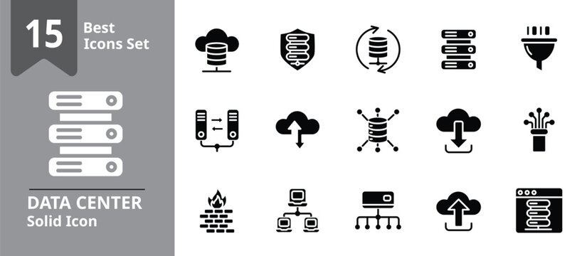 Solid icon set representing data center and server infrastructure including server racks, cloud storage, data processing, fiber optic cables, and network security, ideal for technology services.