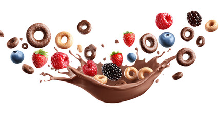 Dynamic Splash of Chocolate Milk, Cereal Rings, and Fresh Berries Imagery for Breakfast Promotions