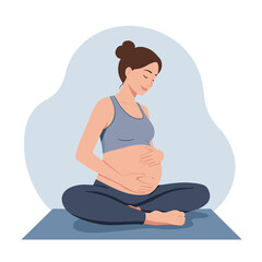 Pregnant woman, peaceful, sitting and touching belly, on a yoga mat in a serene environment
