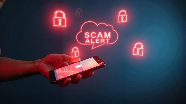 Hand holding smartphone displaying scam alert on blue background  