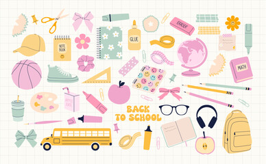 Back to school. Big set of school supplies. Pastel colored stationary icons.