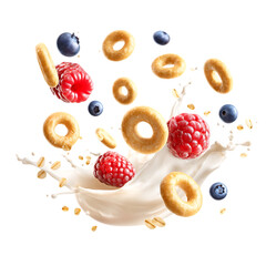 Dynamic Breakfast Splash with Cereal Rings, Raspberries, Blueberries, and Fresh Milk