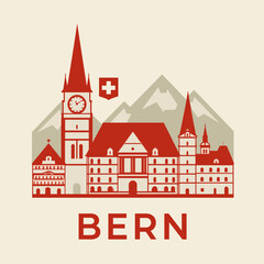 Naklejka premium Flat vector of Bern with alpine mountains, Swiss flag, and historic architecture in red tones. Clean design style