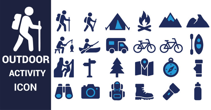 Outdoor activity icons for hiking camping and adventure backpack