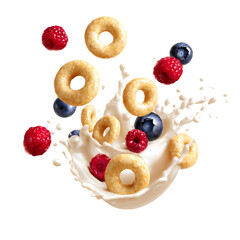 Dynamic Splash of Milk with Cheerios and Fresh Berries in Mid-Air for Breakfast Inspiration