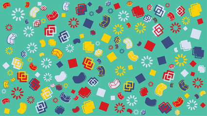 Teal background with colorful geometric shapes. Vector for abstract background, presentation, website, and creative poster.