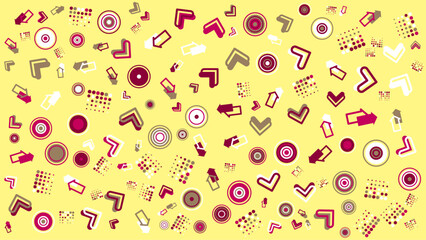 Yellow background with scattered arrows and circles. Vector for abstract background, presentation, website, and creative poster.